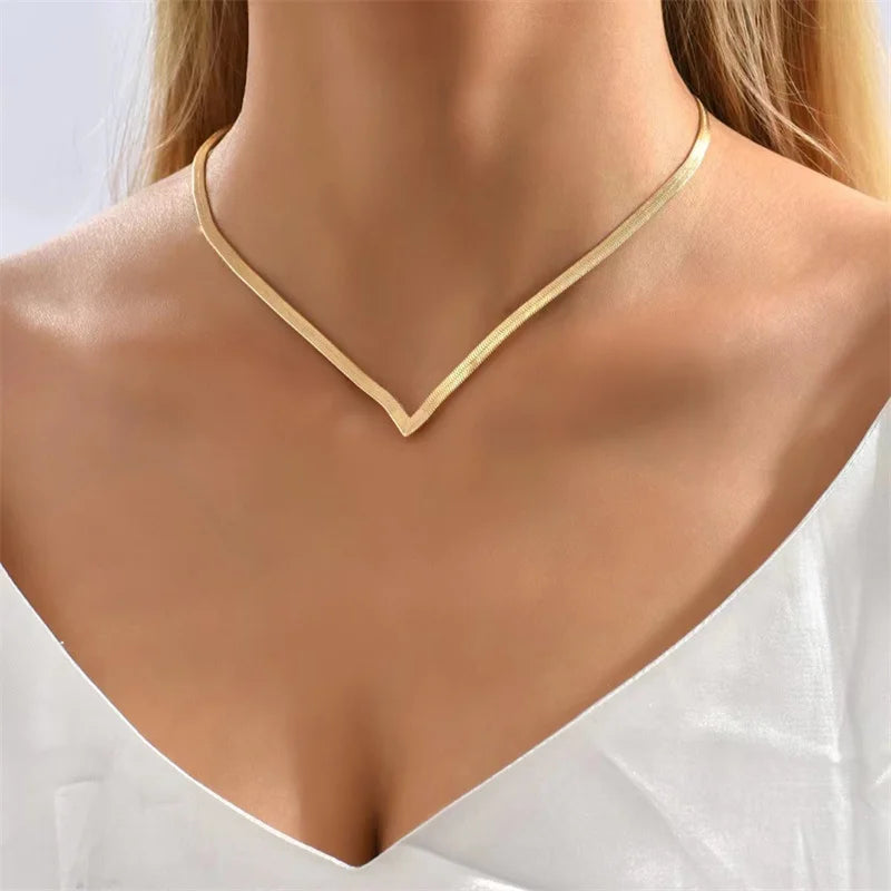 Korean  Flat Snake Chain Herringbone Necklace for Women Jewelry Charm Party Choker Necklace Party Gift Collares Para Muje