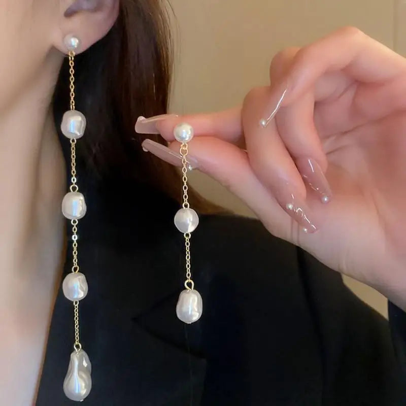 Korean Irregular Imitation pearl earrings Exquisite Tassel Long Dangle Earring Statement wedding Jewelry Brincos