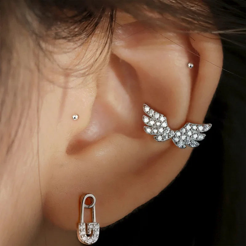 Korean Trendy Wing Ear Cuff Without Piercing Clip Earrings for Women Elegant Sparkling Zircon Pin Earrings Wedding Jewelry