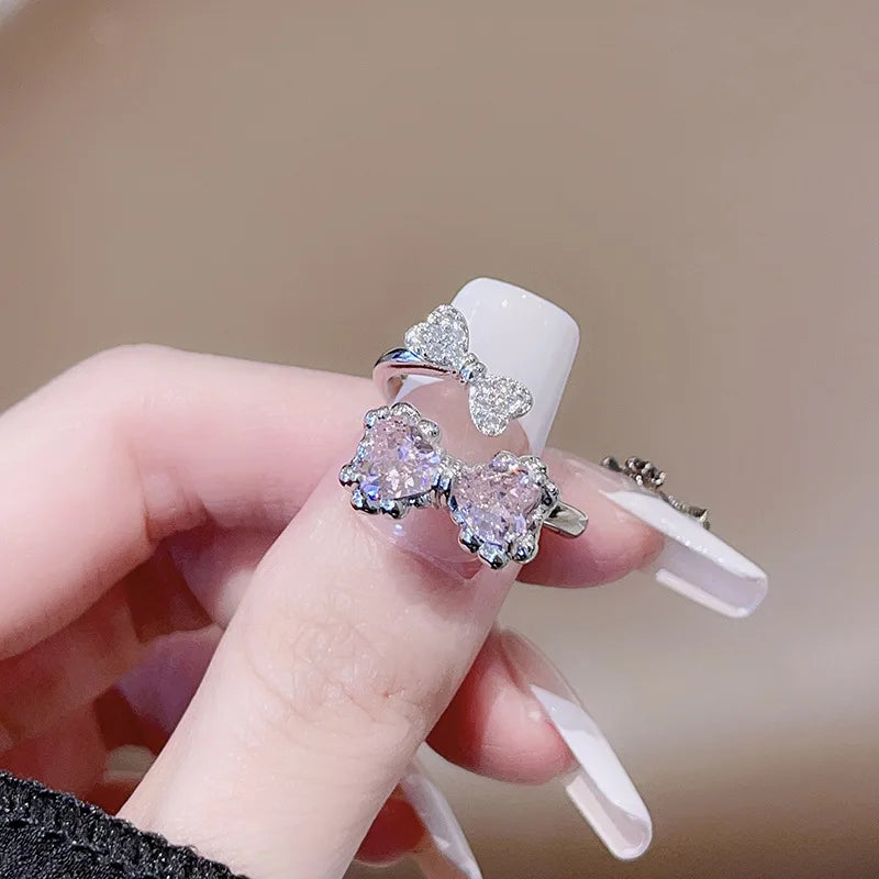 Kpop Black Bowknot Heart Zircon Open Ring Geometry Punk Vintage Rhinestone Star Rings Set for Women Girls New Jewelry