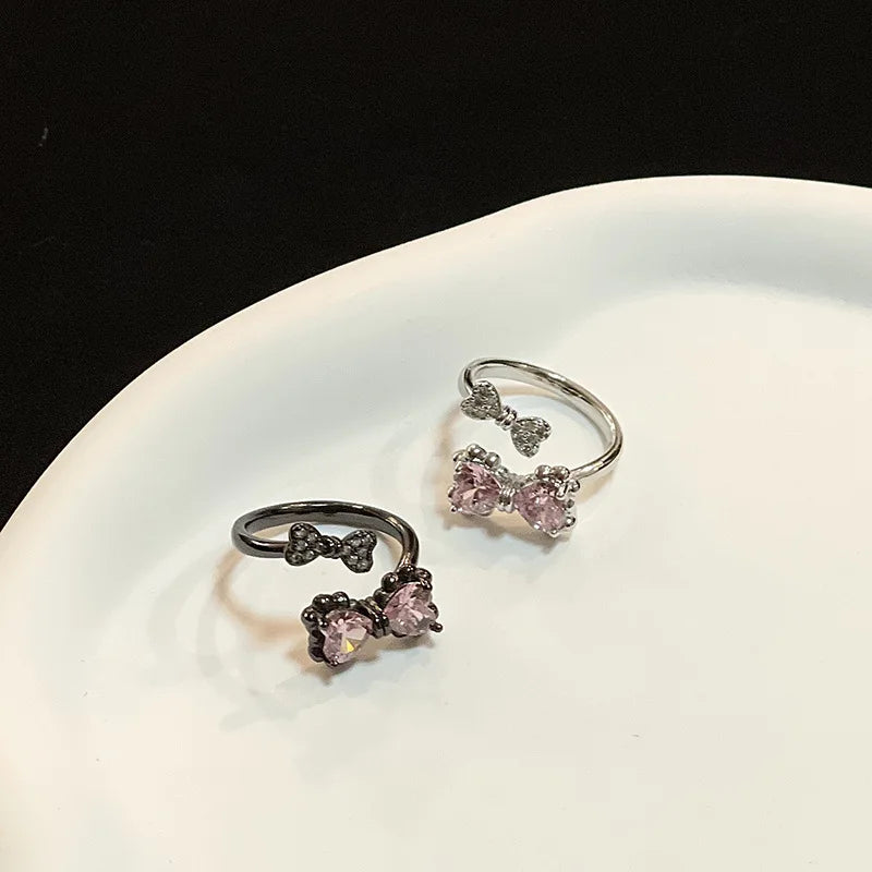 Kpop Black Bowknot Heart Zircon Open Ring Geometry Punk Vintage Rhinestone Star Rings Set for Women Girls New Jewelry