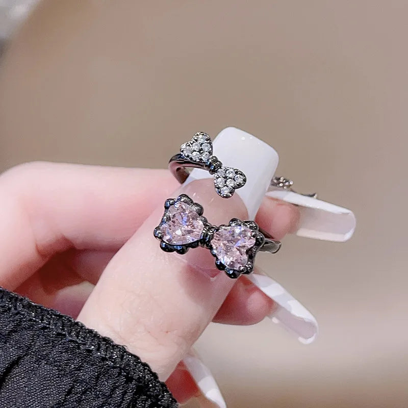 Kpop Black Bowknot Heart Zircon Open Ring Geometry Punk Vintage Rhinestone Star Rings Set for Women Girls New Jewelry