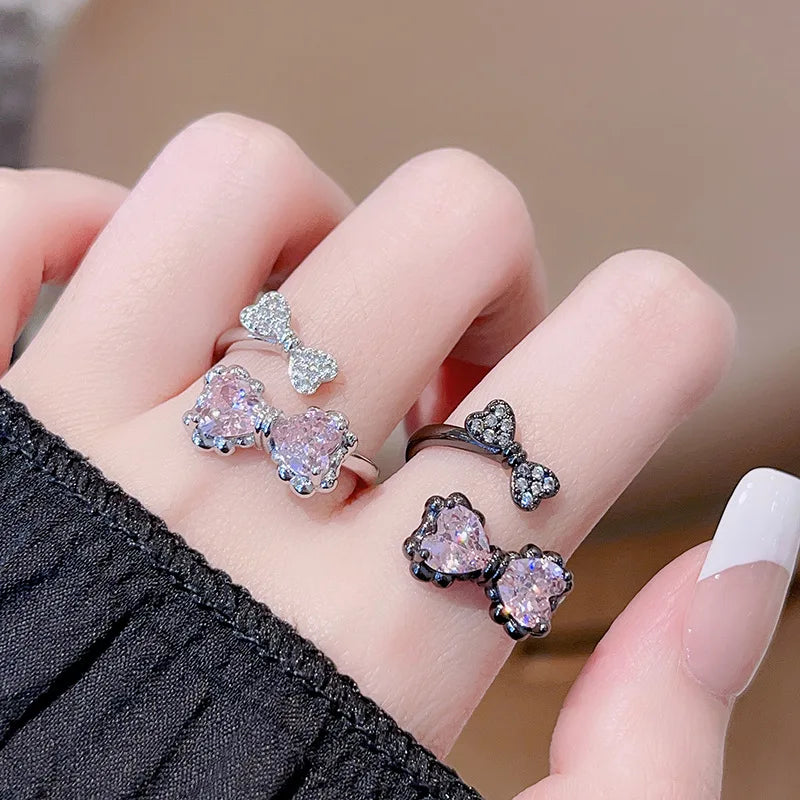 Kpop Black Bowknot Heart Zircon Open Ring Geometry Punk Vintage Rhinestone Star Rings Set for Women Girls New Jewelry