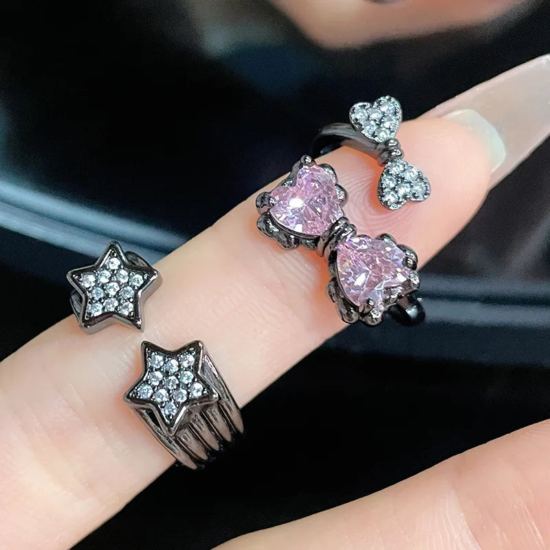 Kpop Black Bowknot Heart Zircon Open Ring Geometry Punk Vintage Rhinestone Star Rings Set for Women Girls New Jewelry