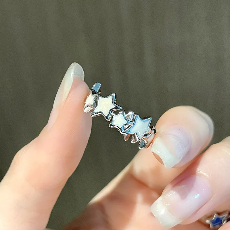 Kpop Black Bowknot Heart Zircon Open Ring Geometry Punk Vintage Rhinestone Star Rings Set for Women Girls New Jewelry