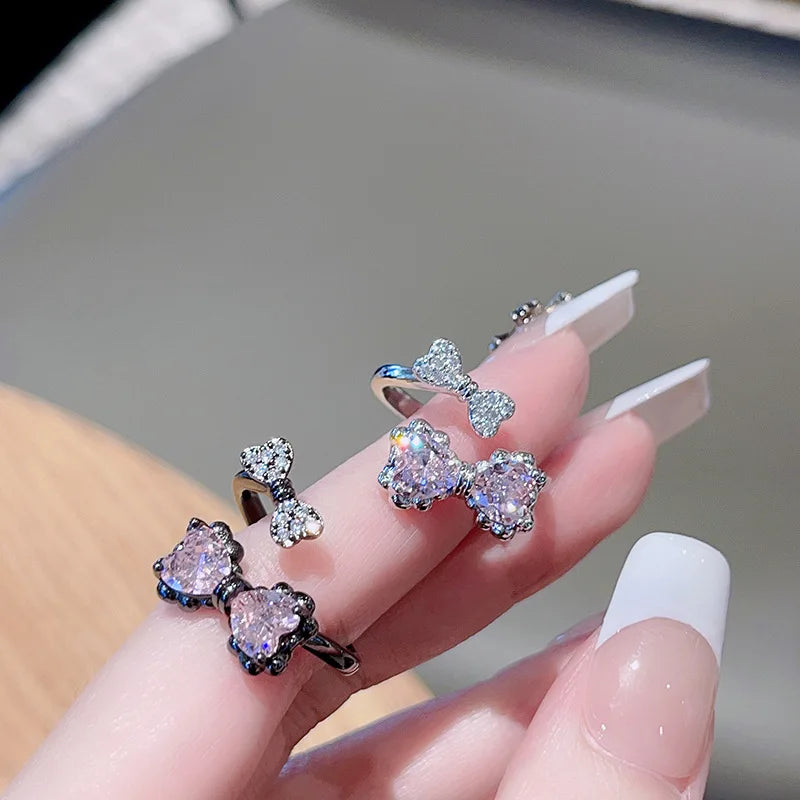 Kpop Black Bowknot Heart Zircon Open Ring Geometry Punk Vintage Rhinestone Star Rings Set for Women Girls New Jewelry