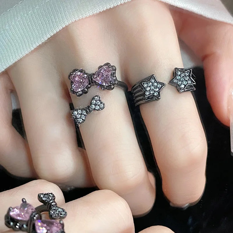 Kpop Black Bowknot Heart Zircon Open Ring Geometry Punk Vintage Rhinestone Star Rings Set for Women Girls New Jewelry