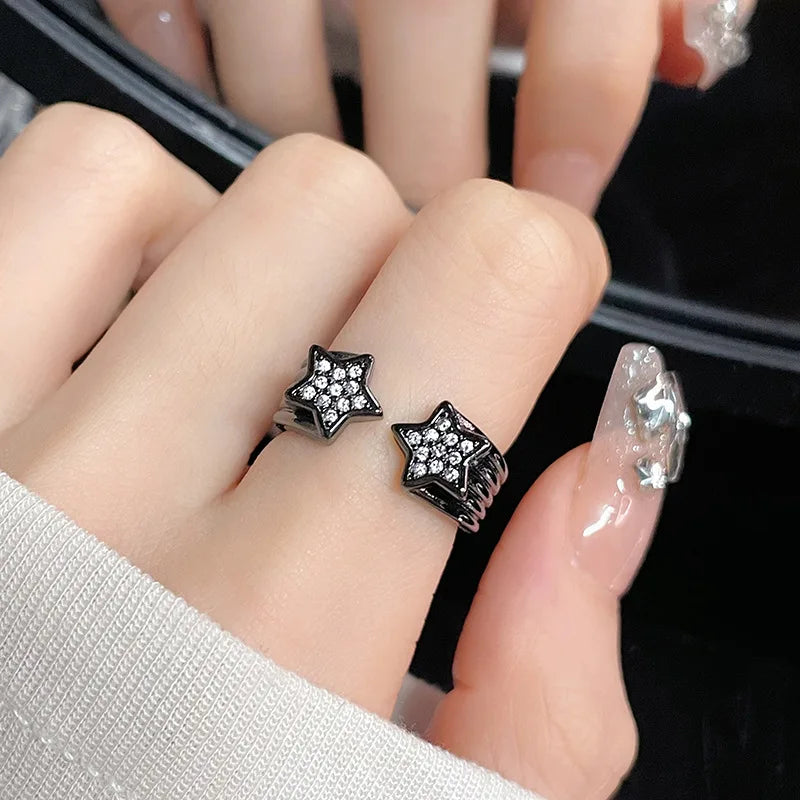 Kpop Black Bowknot Heart Zircon Open Ring Geometry Punk Vintage Rhinestone Star Rings Set for Women Girls New Jewelry