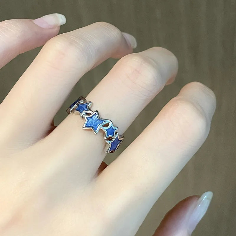 Kpop Black Bowknot Heart Zircon Open Ring Geometry Punk Vintage Rhinestone Star Rings Set for Women Girls New Jewelry