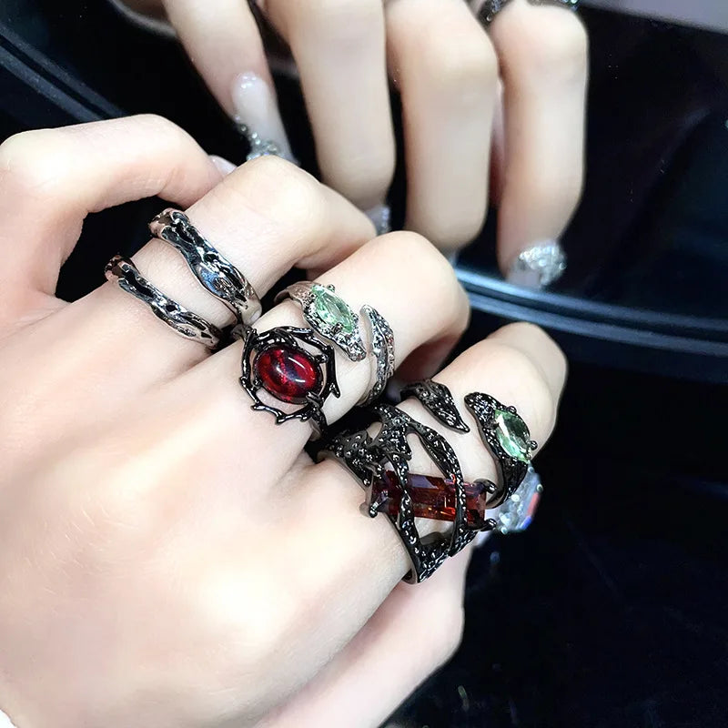 Kpop Gothic Irregular Stone Rings Y2K Aesthetic Red Stone Ring for Women Egirl Vintage Punk Geometry Rings Jewelry Accessories