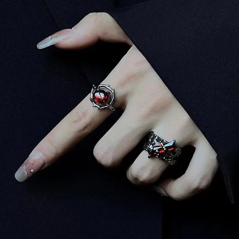 Kpop Gothic Irregular Stone Rings Y2K Aesthetic Red Stone Ring for Women Egirl Vintage Punk Geometry Rings Jewelry Accessories