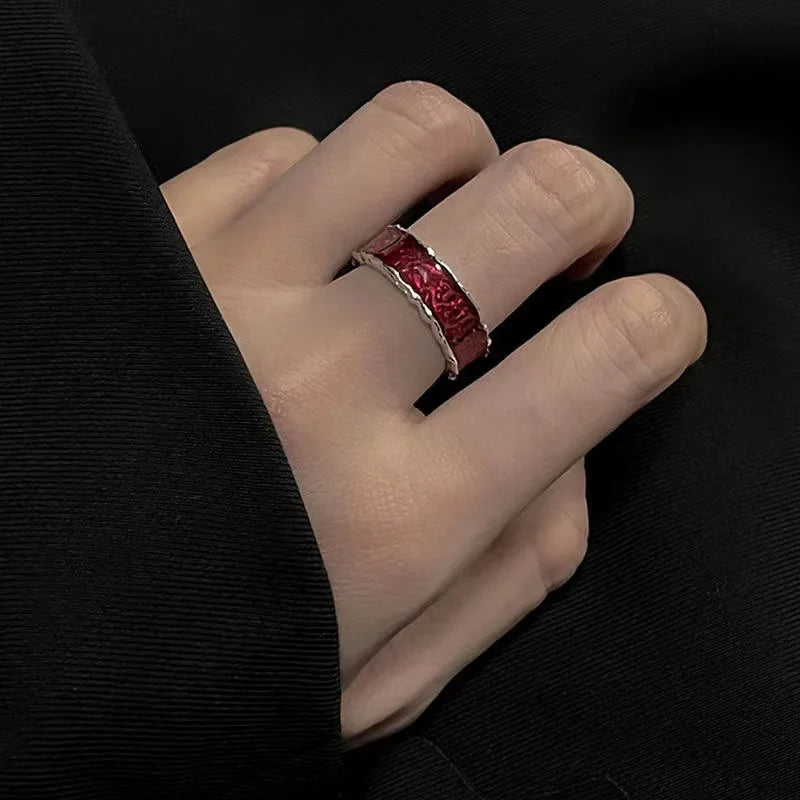Kpop Gothic Irregular Stone Rings Y2K Aesthetic Red Stone Ring for Women Egirl Vintage Punk Geometry Rings Jewelry Accessories
