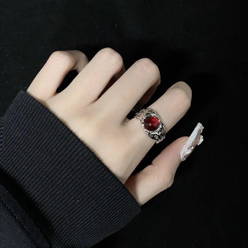 Kpop Gothic Irregular Stone Rings Y2K Aesthetic Red Stone Ring for Women Egirl Vintage Punk Geometry Rings Jewelry Accessories