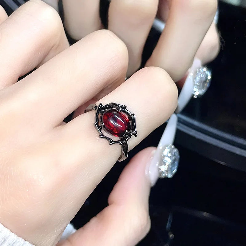 Kpop Gothic Irregular Stone Rings Y2K Aesthetic Red Stone Ring for Women Egirl Vintage Punk Geometry Rings Jewelry Accessories