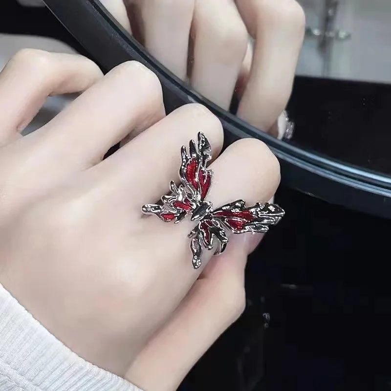 Kpop Gothic Irregular Stone Rings Y2K Aesthetic Red Stone Ring for Women Egirl Vintage Punk Geometry Rings Jewelry Accessories