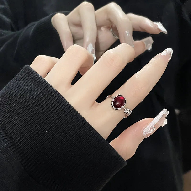 Kpop Gothic Irregular Stone Rings Y2K Aesthetic Red Stone Ring for Women Egirl Vintage Punk Geometry Rings Jewelry Accessories