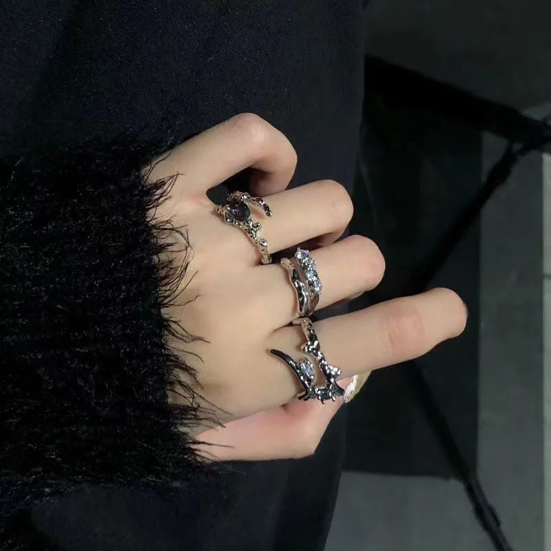 Kpop Gothic Irregular Stone Rings Y2K Aesthetic Red Stone Ring for Women Egirl Vintage Punk Geometry Rings Jewelry Accessories