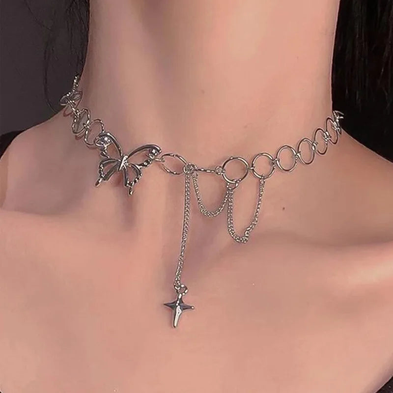Kpop Vintage Butterfly Choker Heart Angel Pendant Clavicle Chain Necklace for Women Egirl Goth Cool Emo Punk Grunge Jewelry