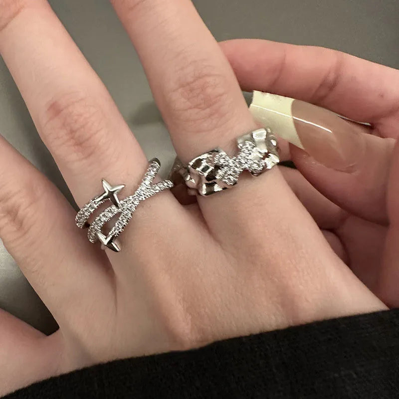 Kpop Vintage Punk Silver Color Cross Star Rhinestone Ring for Men Women Street Hip Hop Aesthetic Grunge Jewelry Y2K Accessories