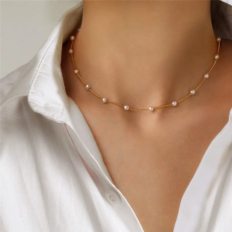 LATS Beads Women's Neck Chain Kpop Pearl Choker Necklace Gold Color Goth Chocker Jewelry Pendant Necklaces  Collar for Girl
