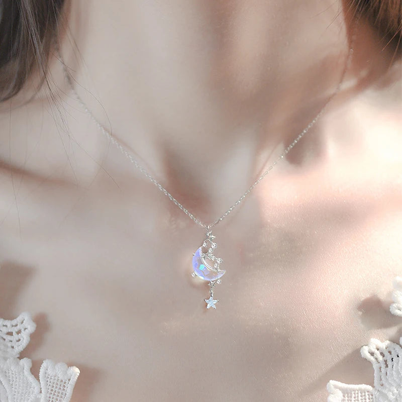 LATS Discoloration Moon Stainless Steel Chain Necklace Korea Colorful Glazed Stone Pendant Necklaces for Women  Jewelry