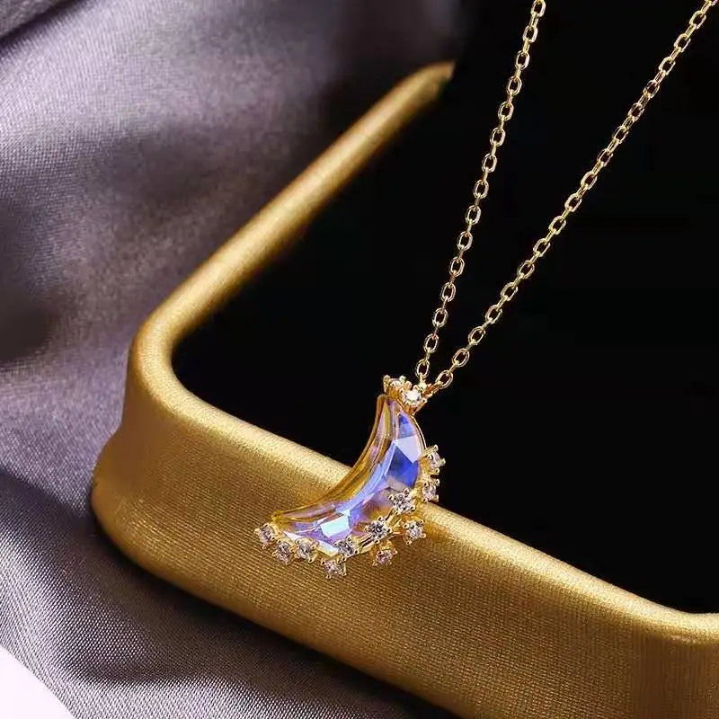 LATS Discoloration Moon Stainless Steel Chain Necklace Korea Colorful Glazed Stone Pendant Necklaces for Women  Jewelry