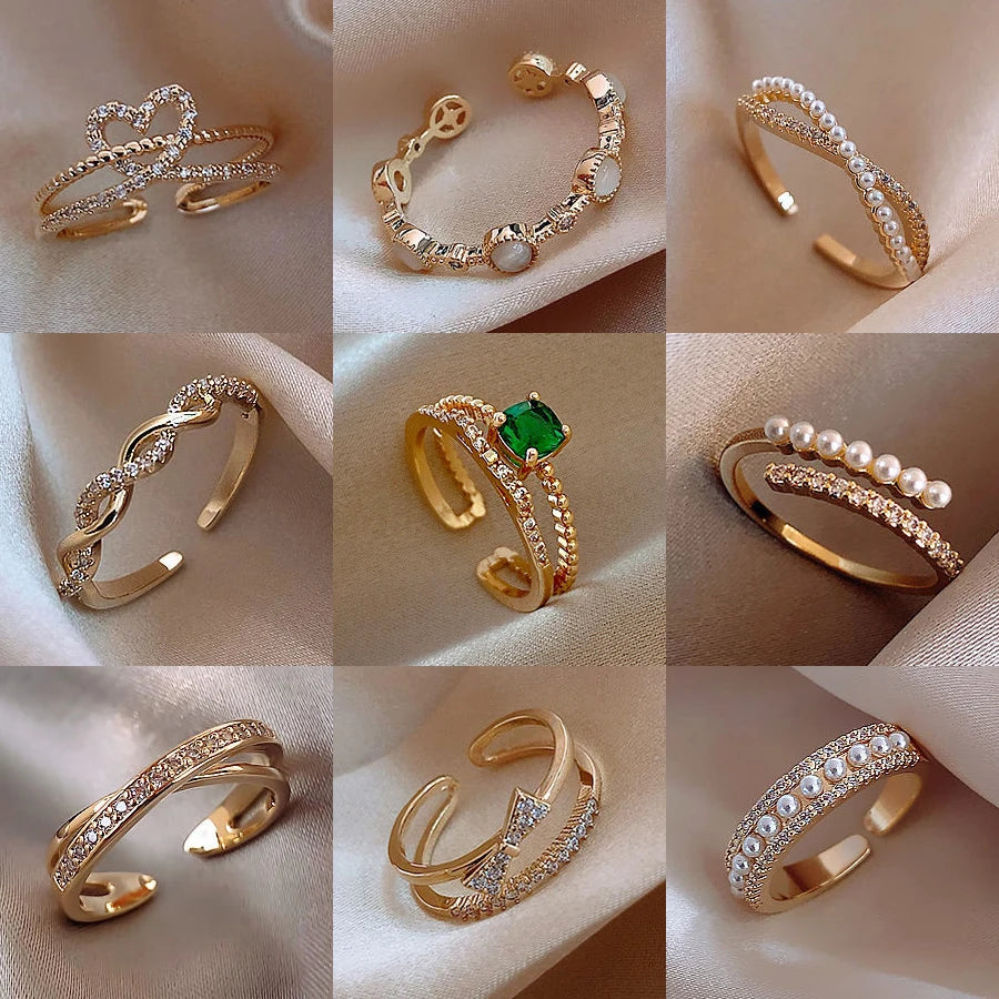 LATS   Gold Color Pearl Zircon Rings for Woman  Vintage Sexy Open Ring Party Joint Ring  Elegant Jewelry Gifts