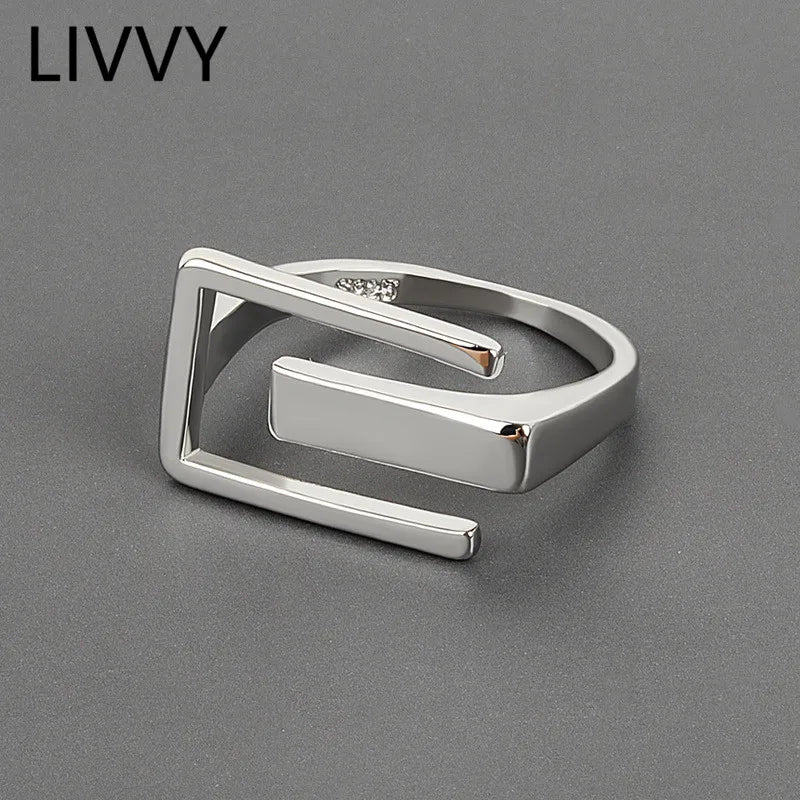 LIVVY Minimalist  Silver Color Hollow Out Geometric Ring Adjustable  Simple Handmade Opening Finger  Jewelry Couple