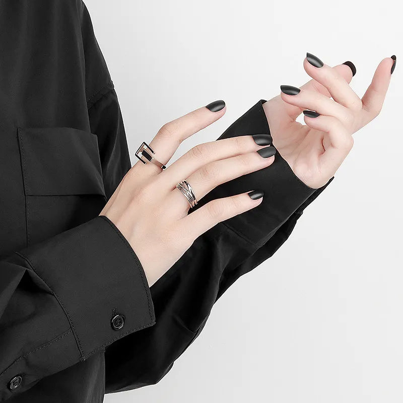 LIVVY Minimalist  Silver Color Hollow Out Geometric Ring Adjustable  Simple Handmade Opening Finger  Jewelry Couple