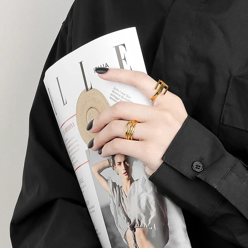 LIVVY Minimalist  Silver Color Hollow Out Geometric Ring Adjustable  Simple Handmade Opening Finger  Jewelry Couple