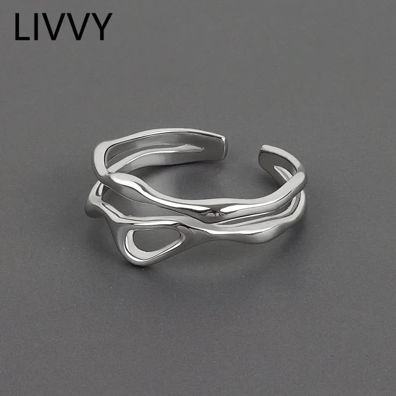 LIVVY Silver Color Irregular Hollow Double Line Geometric Ring Female Simple  Unique Design   Adjustable Jewelry