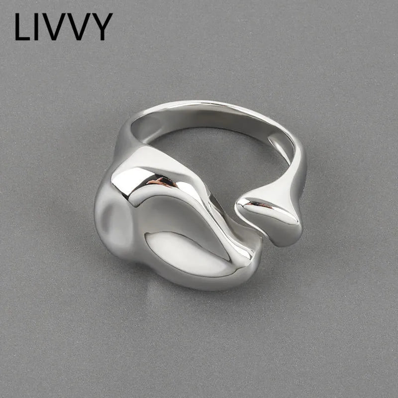 LIVVY Silver Color Irregular Width Open Ring Female    Creative Vintage Punk Party Jewelry Gifts