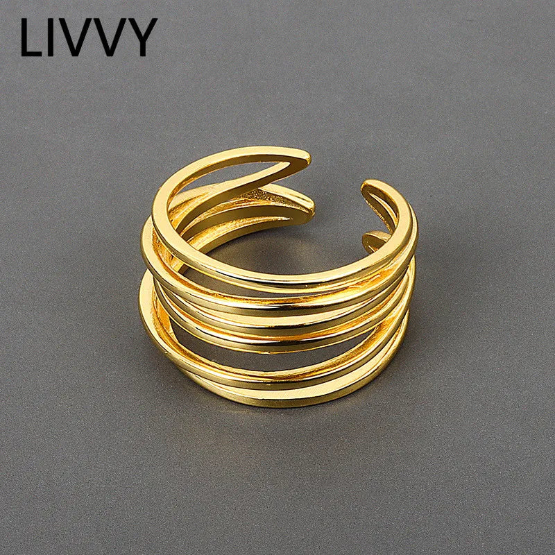 LIVVY Silver Color Wedding Rings Simple Geometric Multilayer Winding Handmade Jewelry for Women Size  Adjustable  Tre