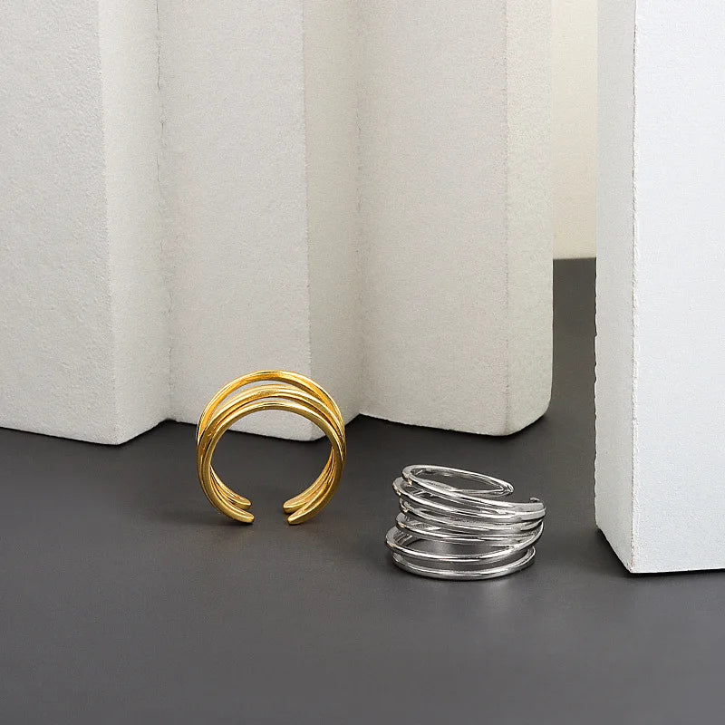 LIVVY Silver Color Wedding Rings Simple Geometric Multilayer Winding Handmade Jewelry for Women Size  Adjustable  Tre