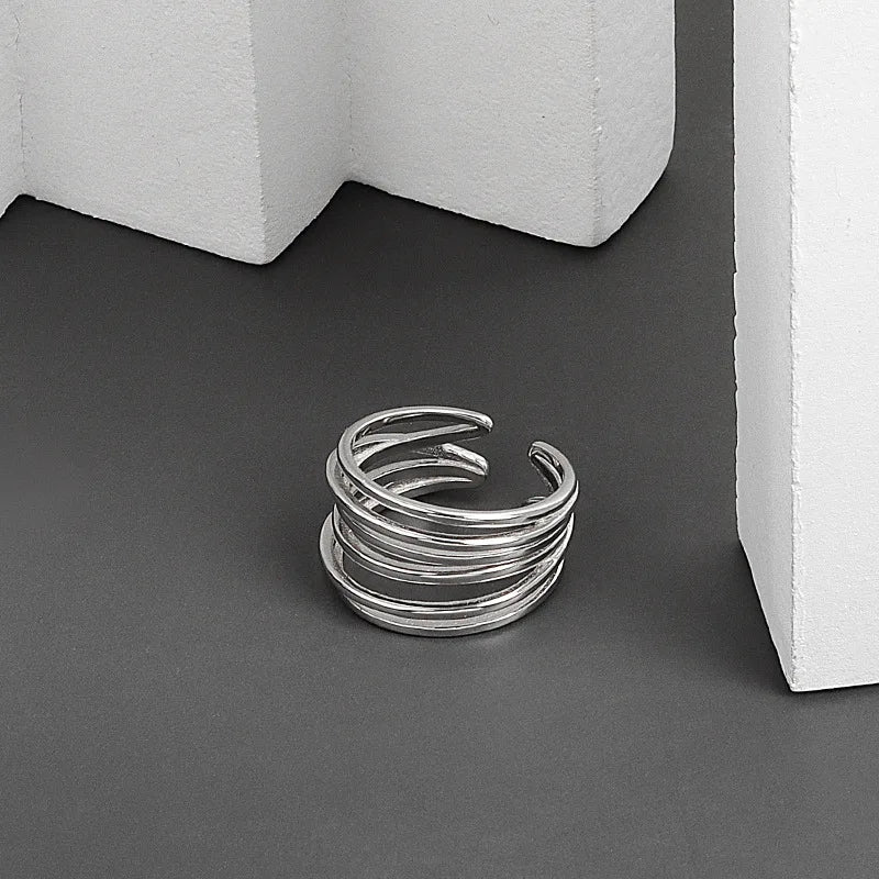 LIVVY Silver Color Wedding Rings Simple Geometric Multilayer Winding Handmade Jewelry for Women Size  Adjustable  Tre