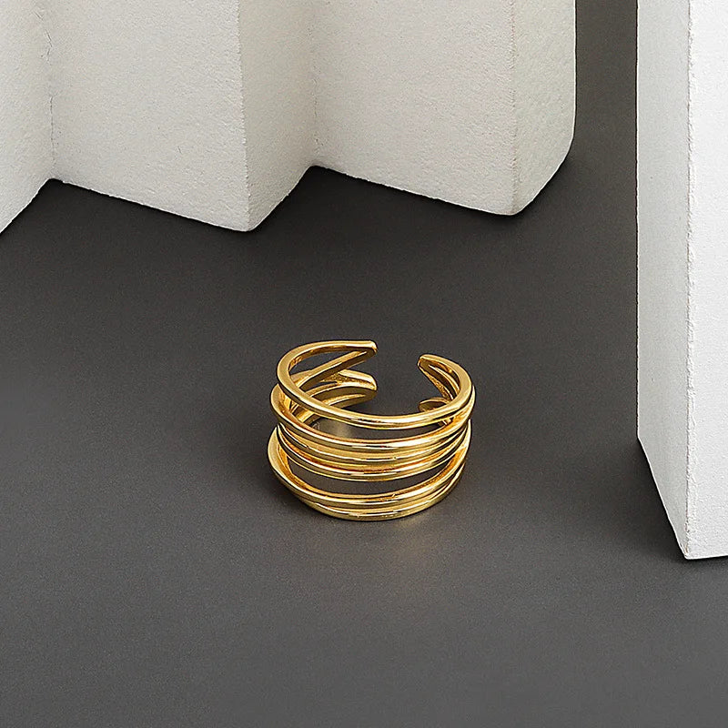 LIVVY Silver Color Wedding Rings Simple Geometric Multilayer Winding Handmade Jewelry for Women Size  Adjustable  Tre