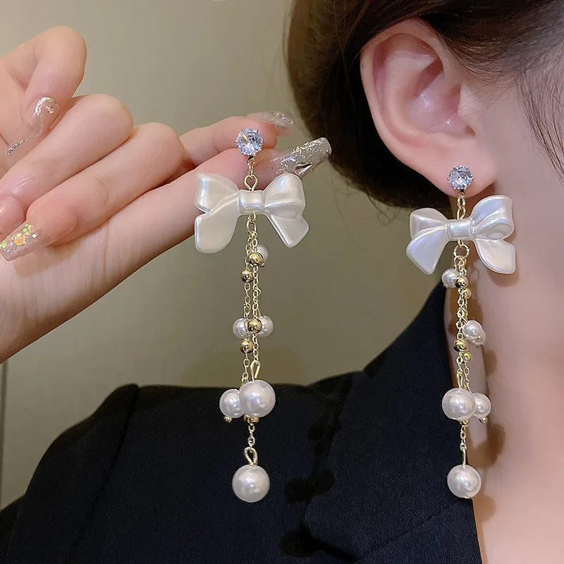 Luxury Bow Pearl Tassel Earrings for Women Bijoux Trendy Bridal Drop Dangling Earrings Statement High Jewelry Gifts