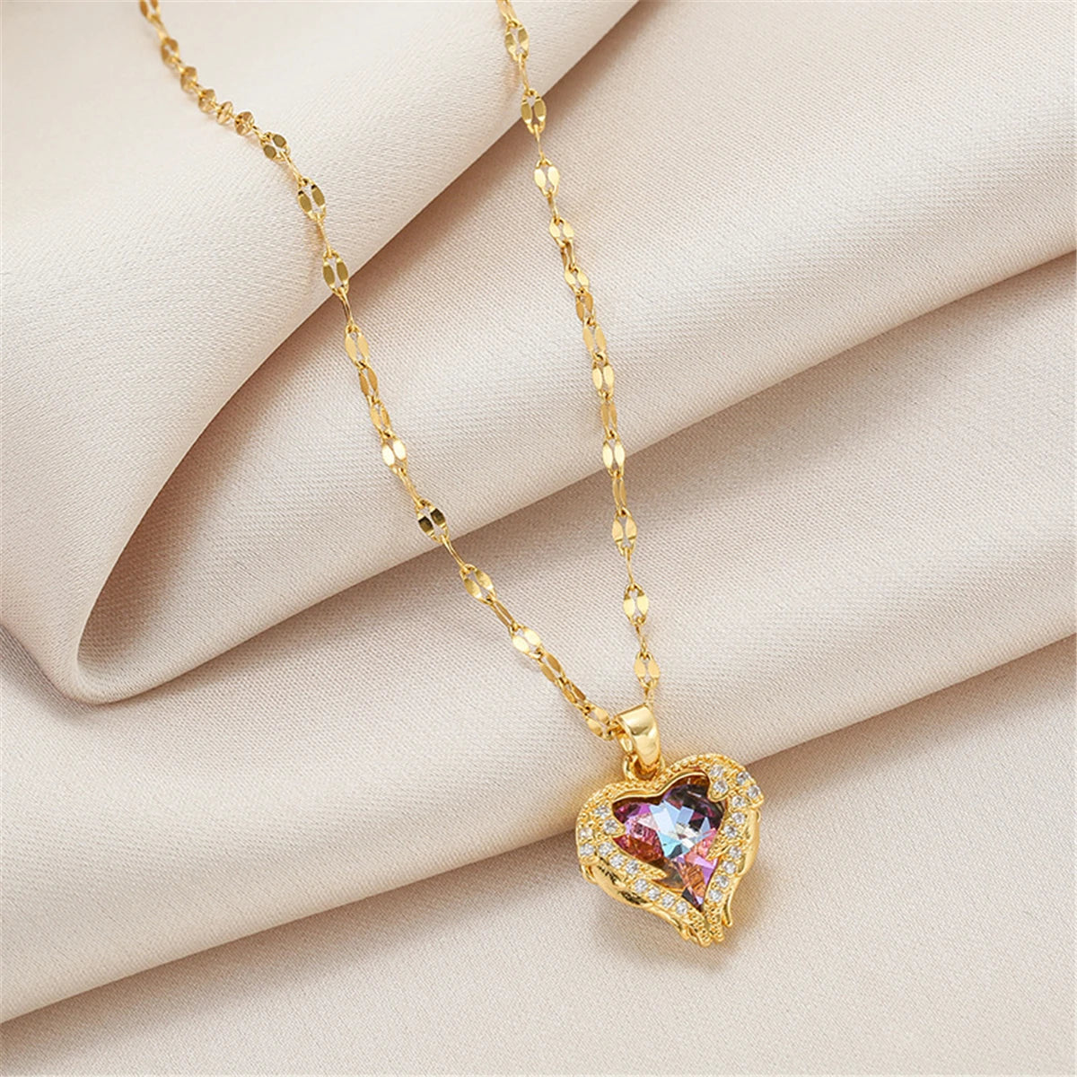 Colorful Crystal Ocean Heart Pendant Necklace For Women Korean  Stainless Steel Neck Chain Female Wedding Jewelry