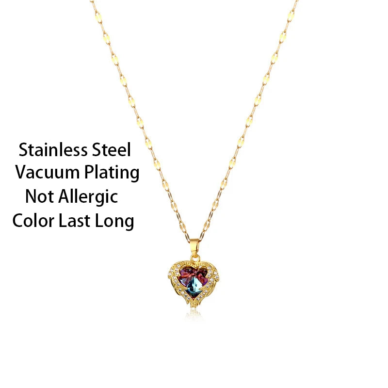 Colorful Crystal Ocean Heart Pendant Necklace For Women Korean  Stainless Steel Neck Chain Female Wedding Jewelry