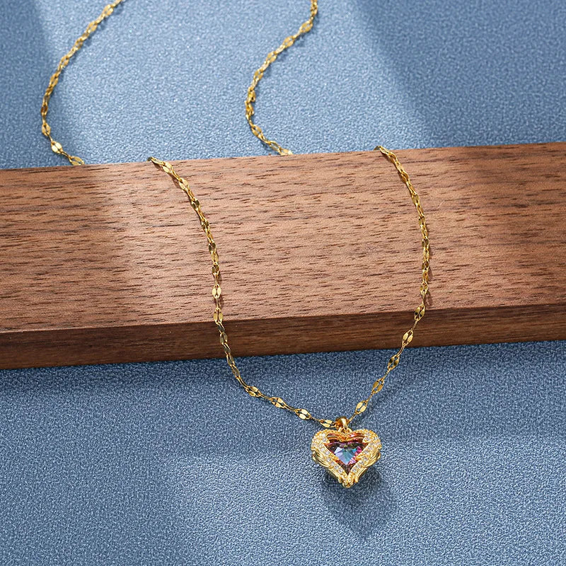 Colorful Crystal Ocean Heart Pendant Necklace For Women Korean  Stainless Steel Neck Chain Female Wedding Jewelry