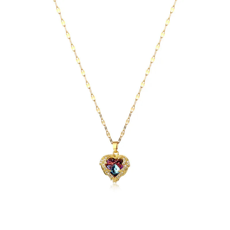 Colorful Crystal Ocean Heart Pendant Necklace For Women Korean  Stainless Steel Neck Chain Female Wedding Jewelry