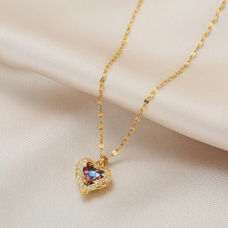 Colorful Crystal Ocean Heart Pendant Necklace For Women Korean  Stainless Steel Neck Chain Female Wedding Jewelry