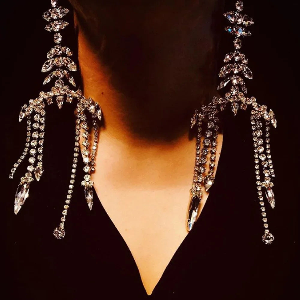 Luxury Crystal Geometric Tassel Drop Earrings Wedding Jewelry for Women Rhinestone Irregular Dangle Earrings Statement Jewelry