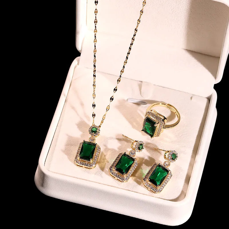 Emerald Color Earring Necklace Rings Set For Woman Stainless Steel Zircon Rectangle Pendant Necklace Party Jewelry Gift