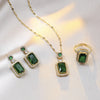 Emerald Color Earring Necklace Rings Set For Woman Stainless Steel Zircon Rectangle Pendant Necklace Party Jewelry Gift