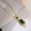 Emerald Color Earring Necklace Rings Set For Woman Stainless Steel Zircon Rectangle Pendant Necklace Party Jewelry Gift