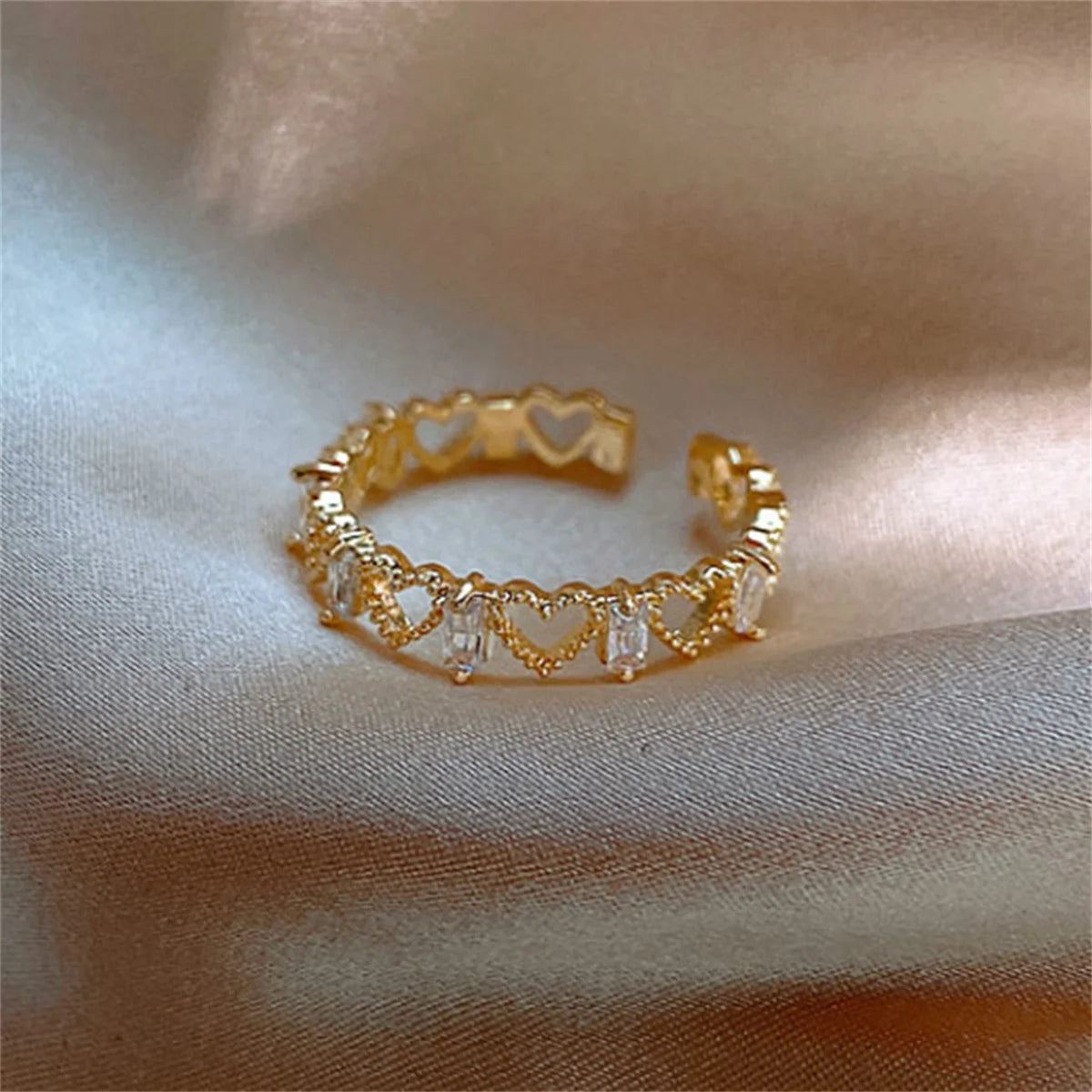 Gold Color Love Heart Pearl Zircon Rings For Women Vintage Simple Geometric Cross Opening Joint Ring Wedding Jewelry Gift
