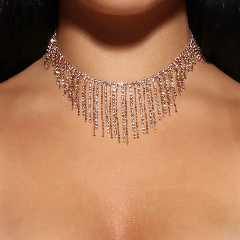 Luxury Rhinestone Beaded Fringe Torque Necklace Choker Bohemian Collar Necklaces Statement Geometric Jewelry For Women