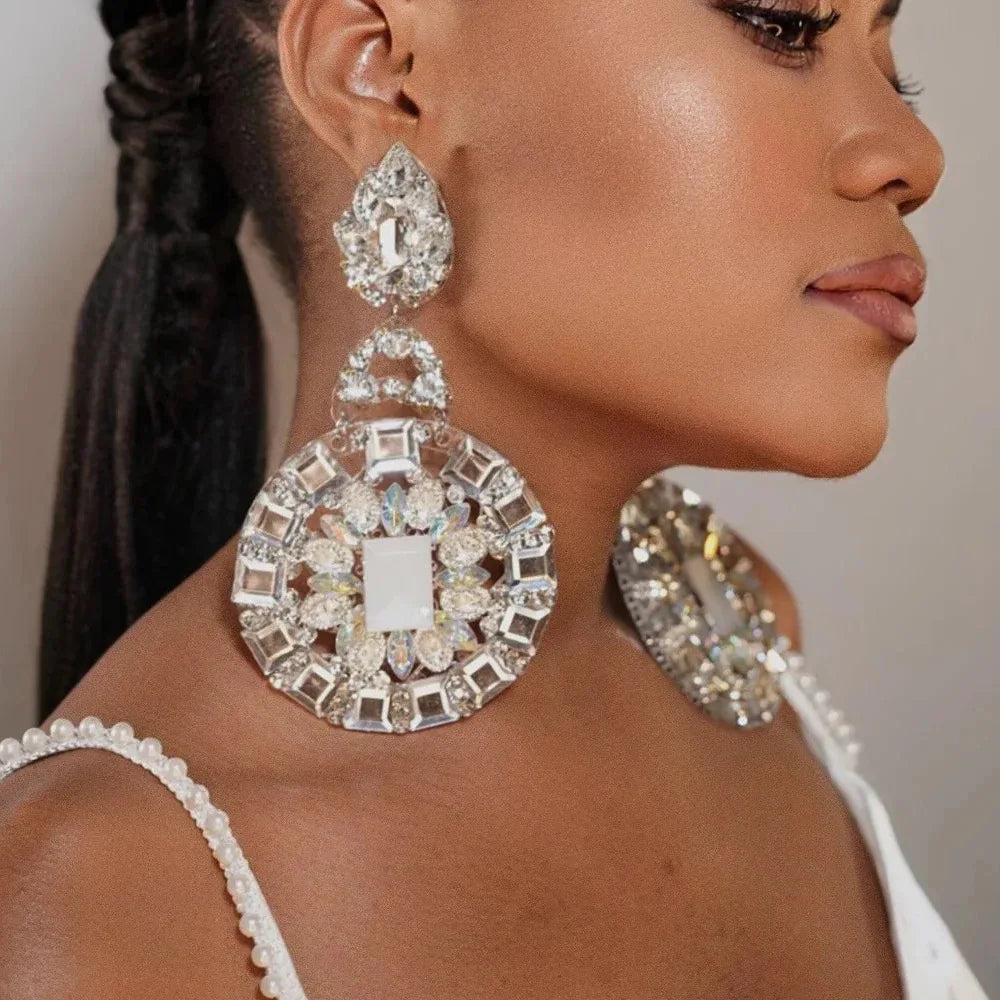 Luxury Round Drag Queen Dangle Earrings Exaggerated Pendant Women Bridal Jewelry 2024 Trend Crystal Hanging Earrings Prom Gift