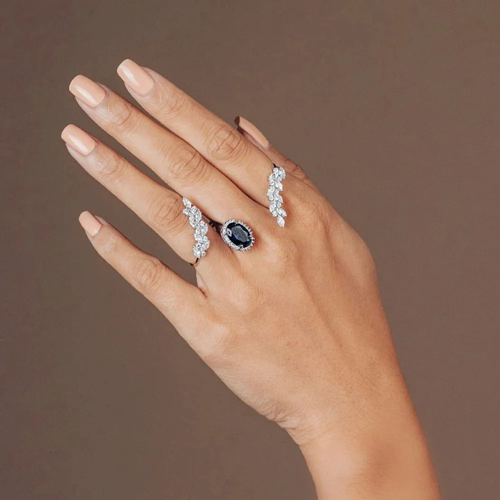 Luxury Zircon Bridal Oval Leaf Rings Y2k Accessories for Women Princess Prom Wedding Crystal Finger Rings Adjustable Jewelry